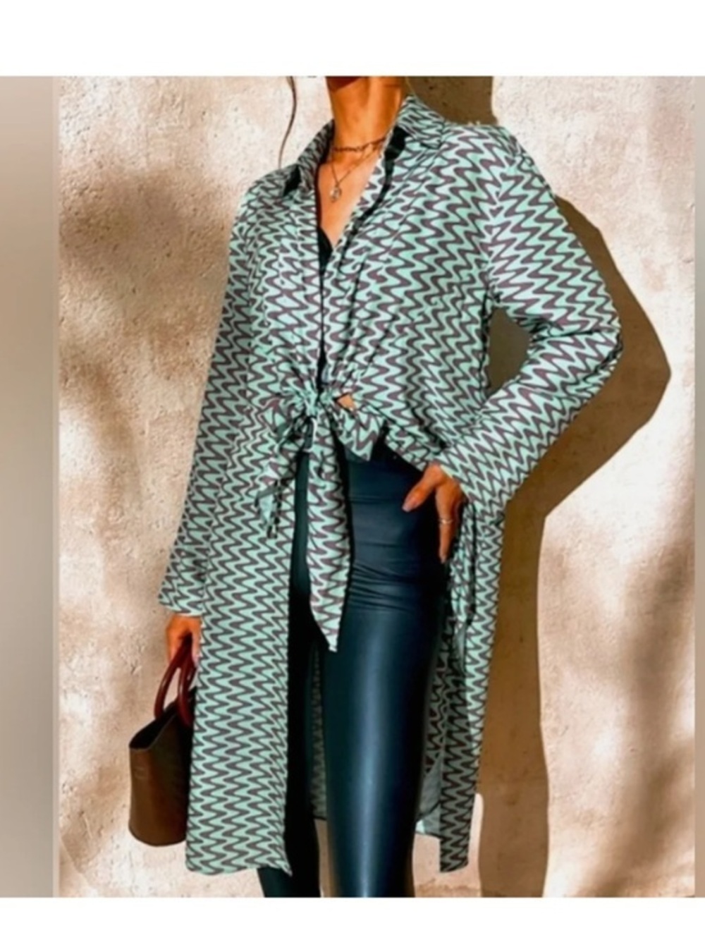 Zara Mint and Black Zigzag Tie-Front Long Tunic